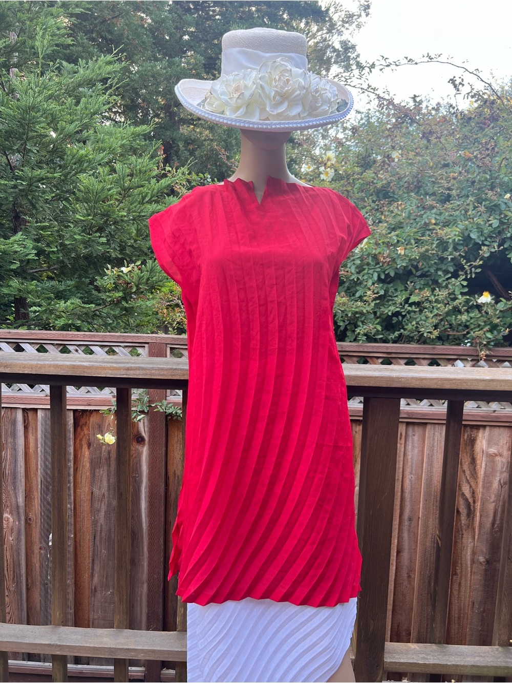 Bright Red Pleated Midi Dress for Women